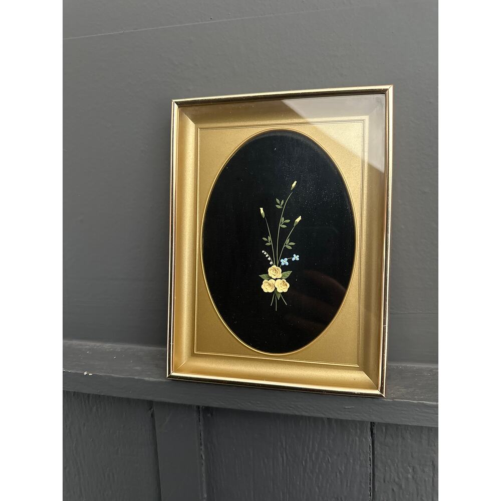 Vintage Framed 3D Rose Art Ceramic Flower Floral Roses on Velvet Deep Frame